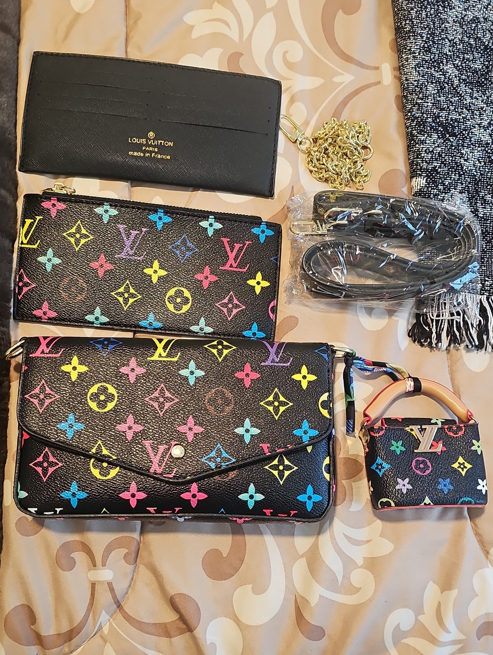 Black Multicolor Monogram Wallet and Mini Bag Set
